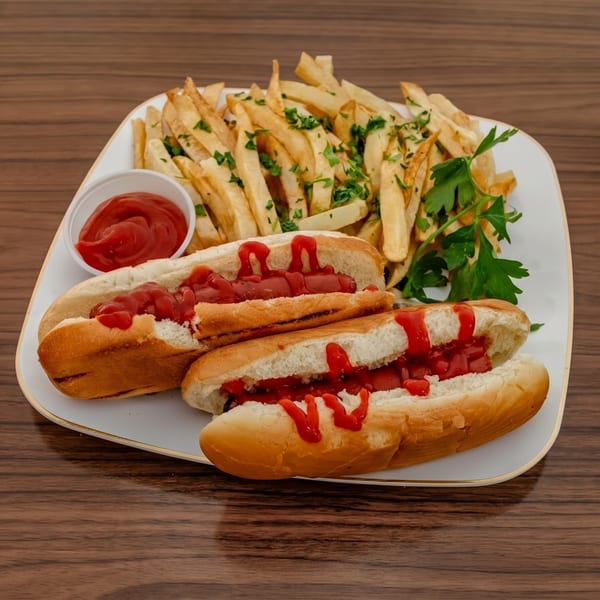 Two hot dogs with ketchup and a side of french fries with parsley on a white plate.